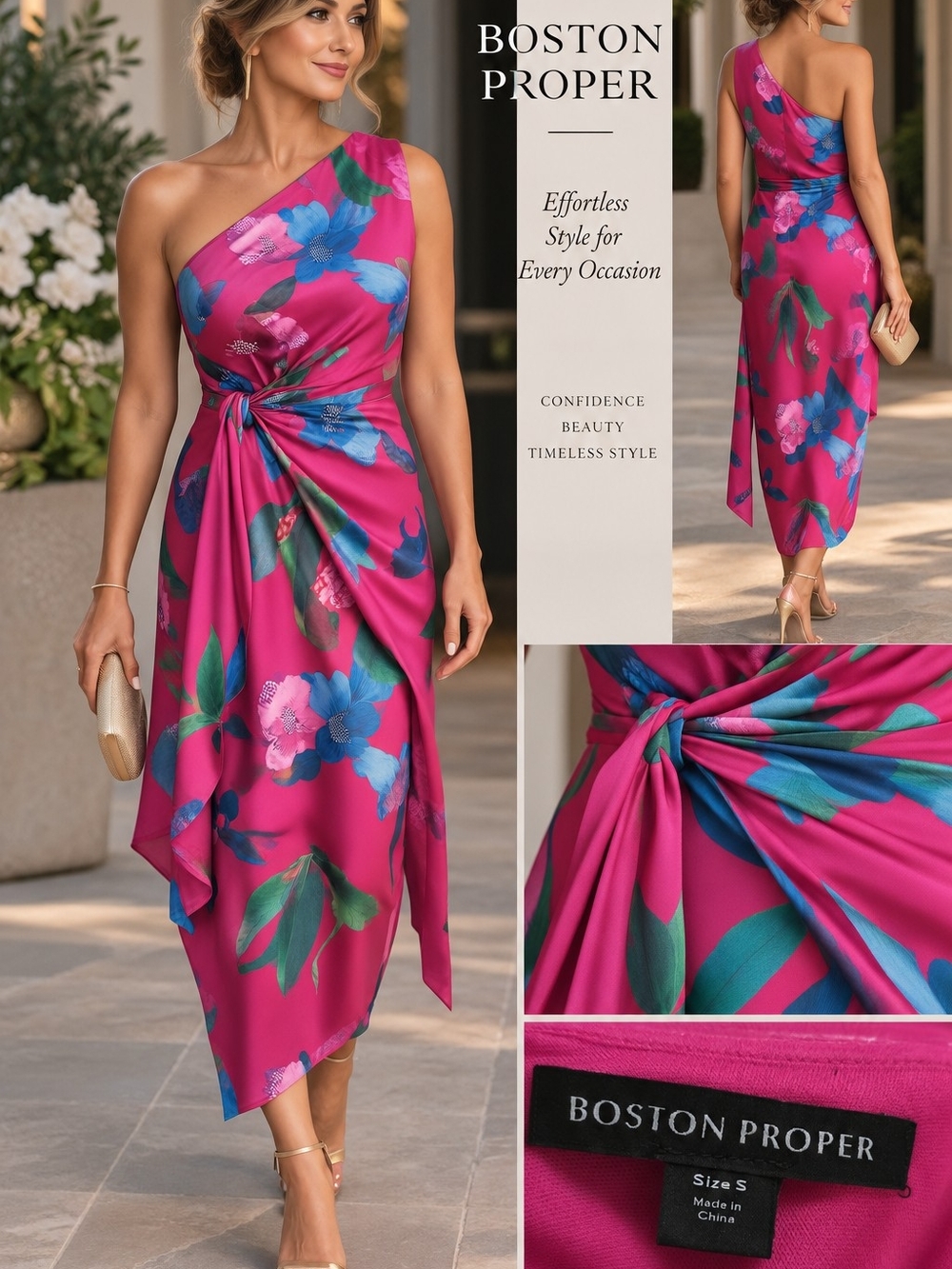 Boston Proper Fuchsia One-Shoulder Floral Knot Midi Dress